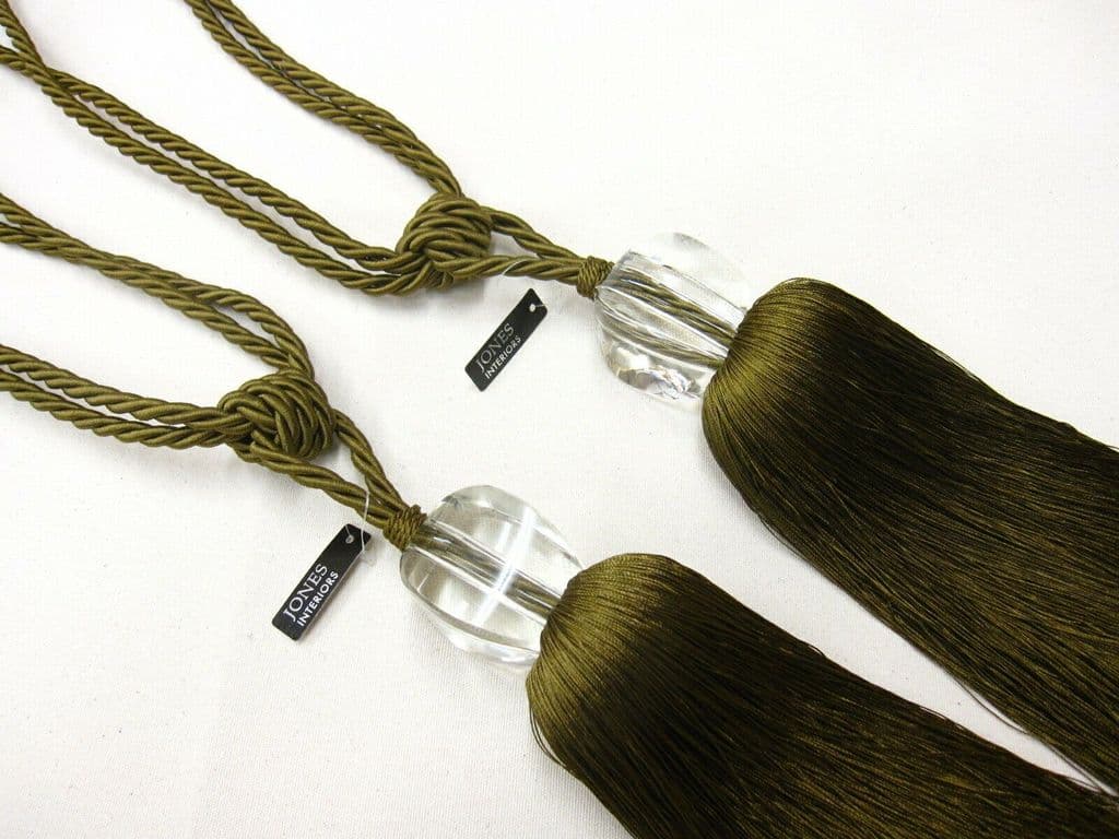 2 Henley Curtain Tiebacks Olive Green Traditional Tie Backs with Glass